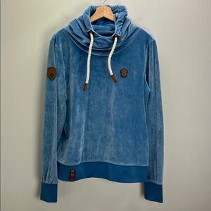 Naketano Velour Cowl Neck Hoodie Soft Blue Womens Large Preppy Nautical